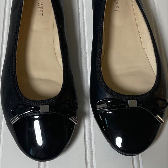 Nine West Jolee Women Cap Toe Ballet Flat 8M Black Leather Round Toe Slip-On Bow - Picture 2 of 10